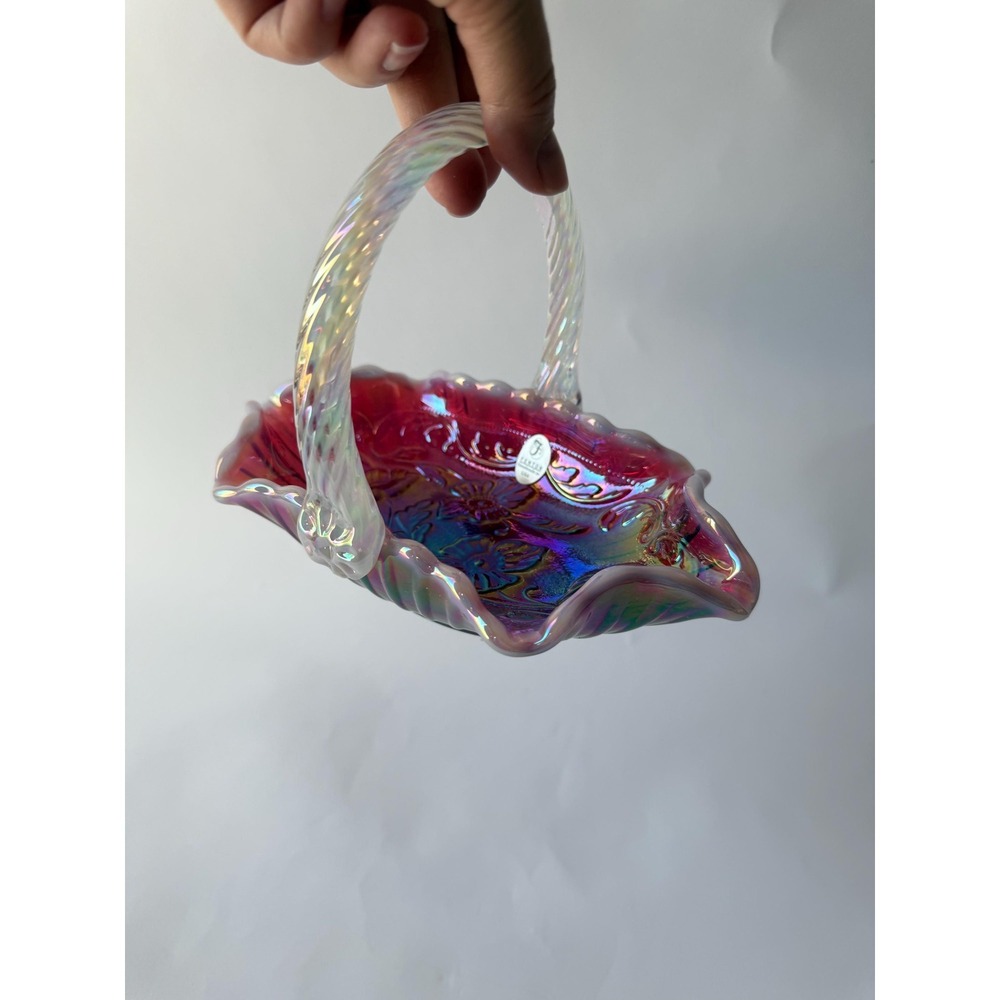 Vintage Fenton Plum Opalescent Iridized Basket (2000s • "Poppy" Pattern)